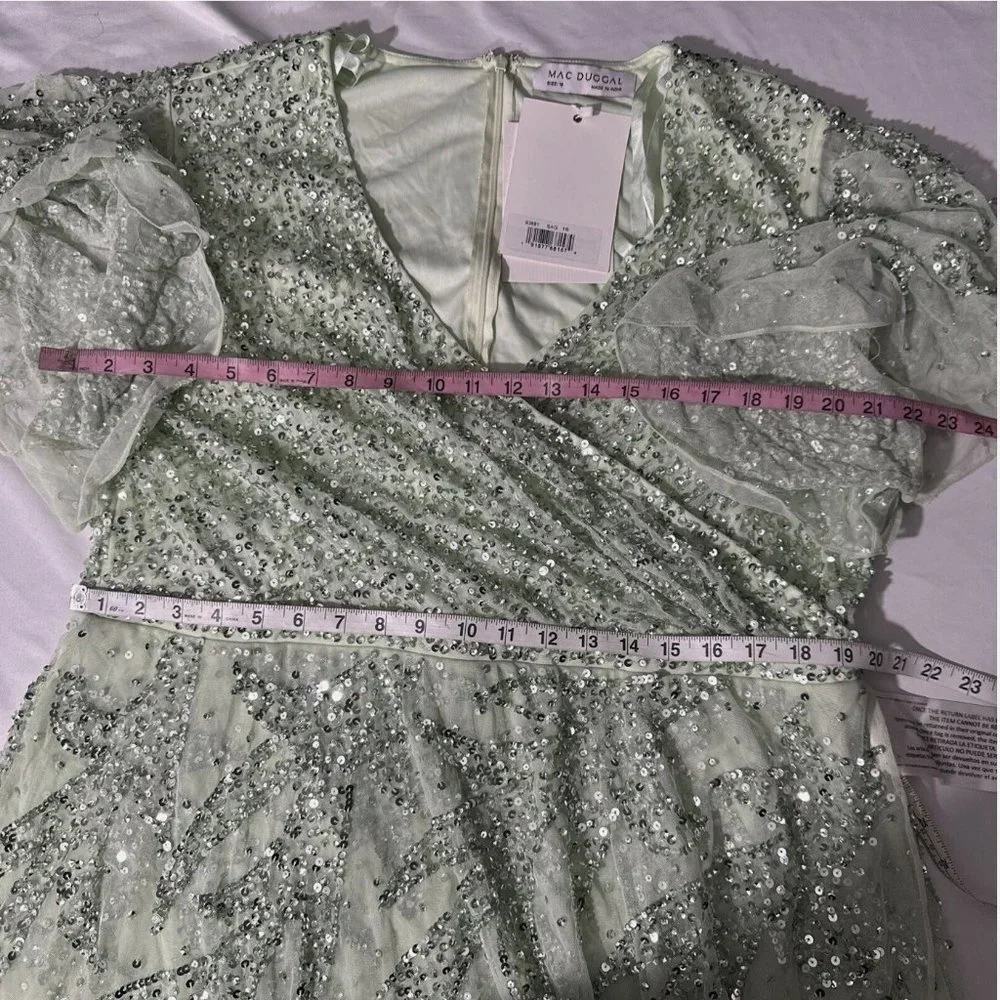 NWT $498 Mac Duggal [‎ 18 ] Sequined Butterfly Sleeve High Low Gown Sage Greeen